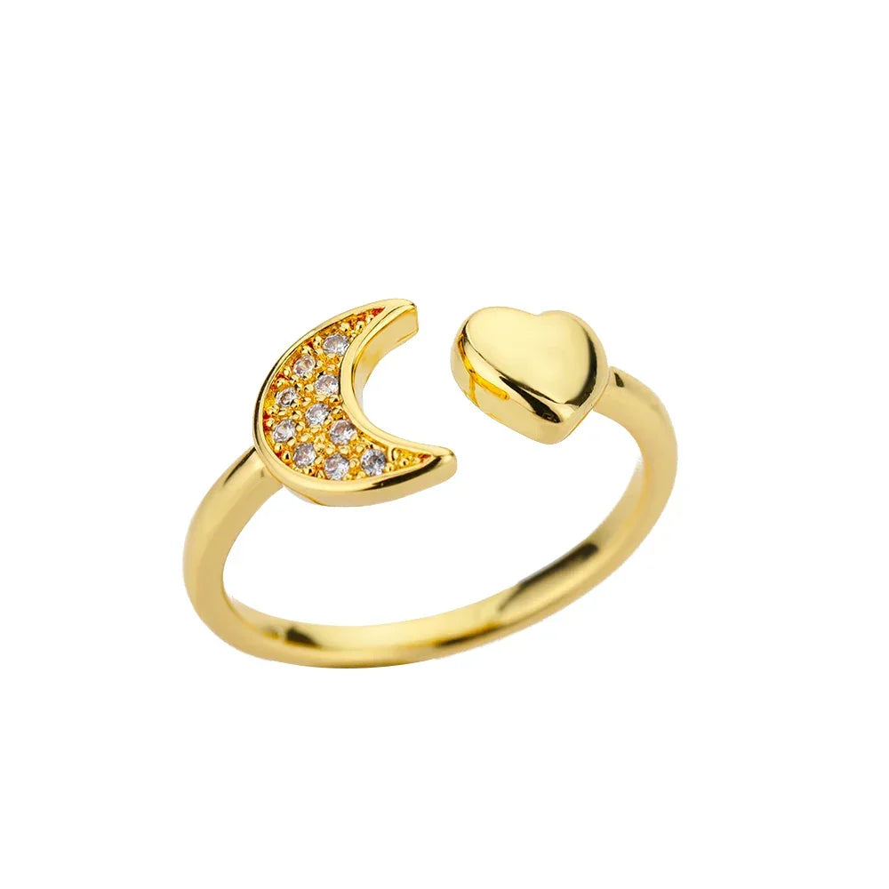 Zircon Heart Stainless Steel Gold Color Geometric Open Finger Ring - Palm and Thread
