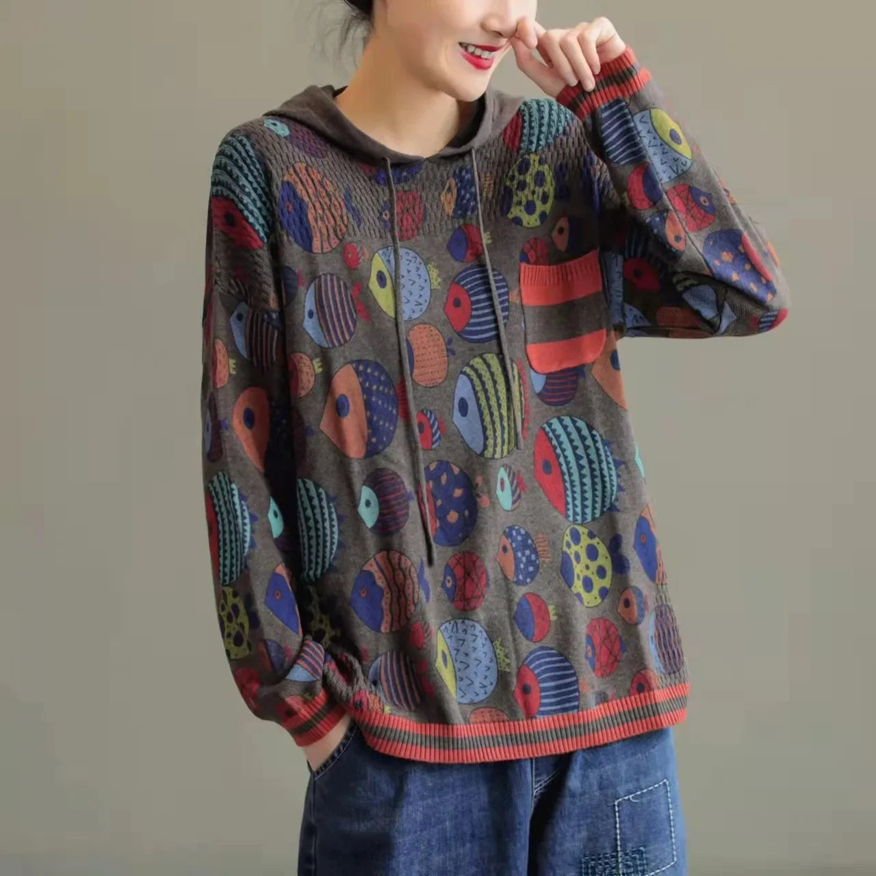 Fish Printing Vintage Sweater Hoodie - Palm and Thread