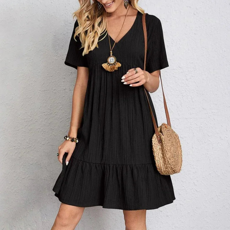 Loose V-neck Short Sleeved Pleated Dress - Palm and Thread