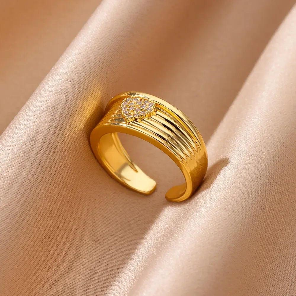Zircon Cristal Geometric Stainless Steel Gold Color Adjustable Finger Ring - Palm and Thread