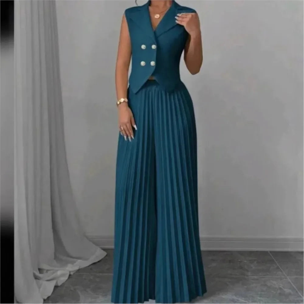 Elegant Commuting Solid Color Sleeveless Top + Trouser Two-piece Set - Palm and Thread