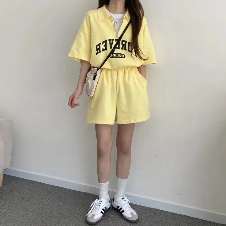 Cotton Ease Zip-Up Polo Shorts Set