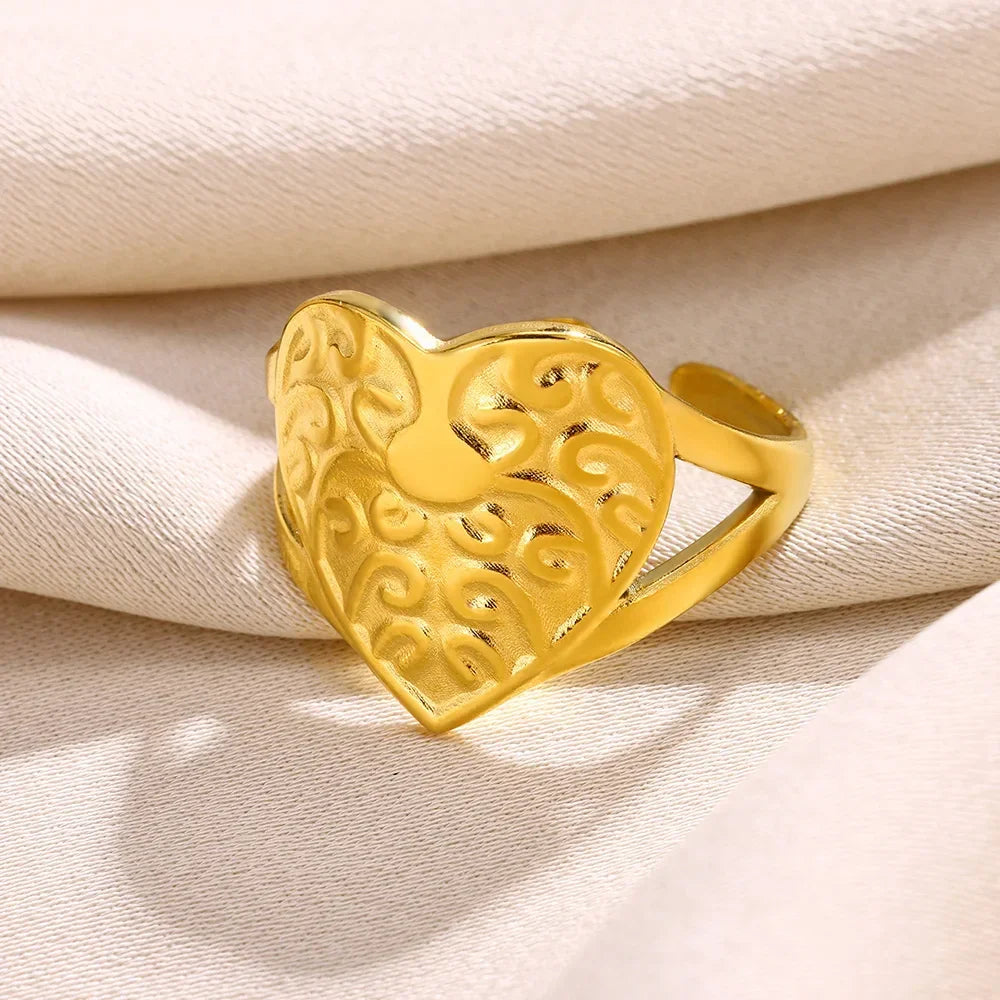 Stainless Steel Heart Wide Ring Adjustable - Palm and Thread
