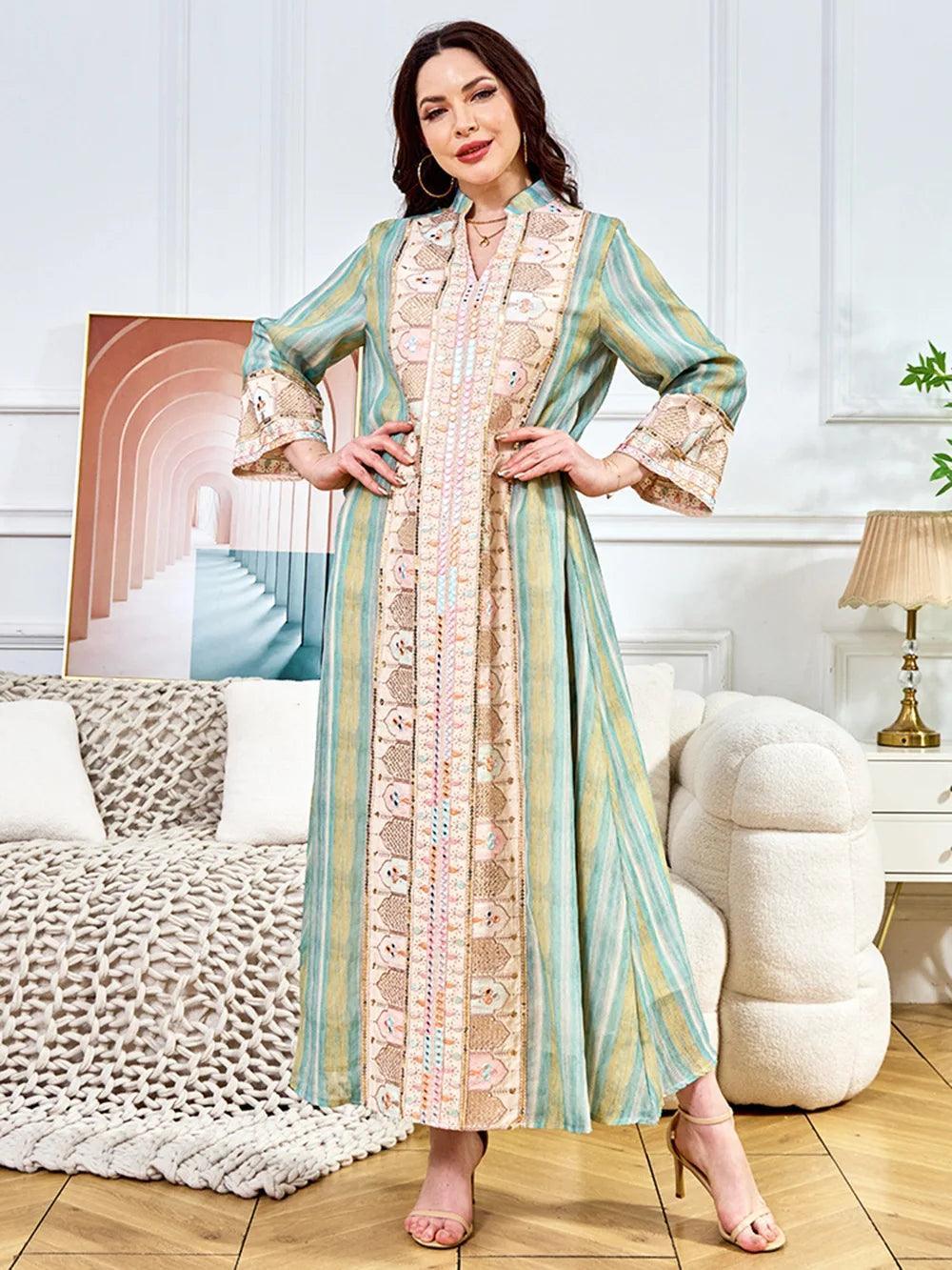 Abaya Sequins Embroidery Moroccan Kaftan Robe - Palm and Thread