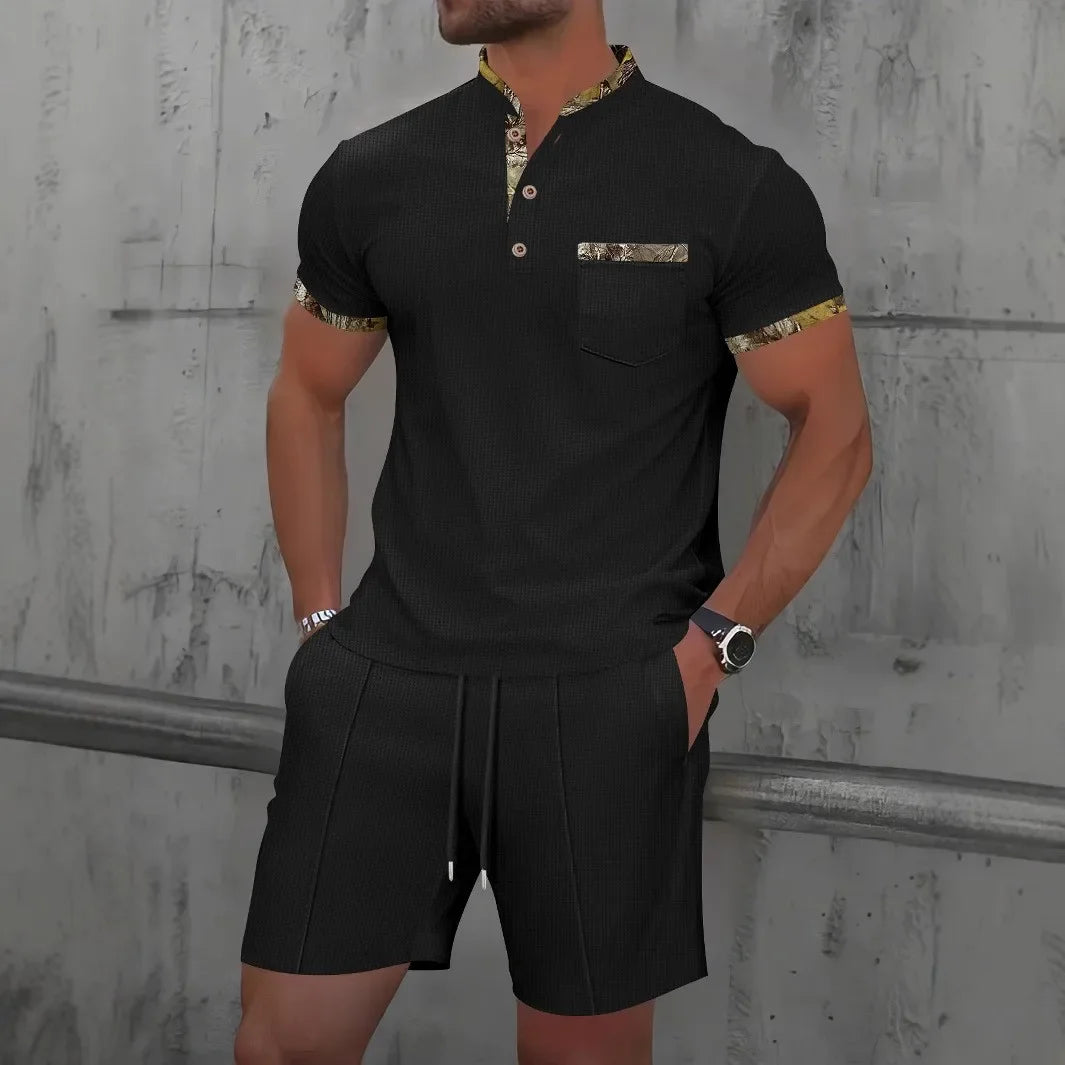 Waffle zip-up lapel short-sleeve suit shorts set - Palm and Thread