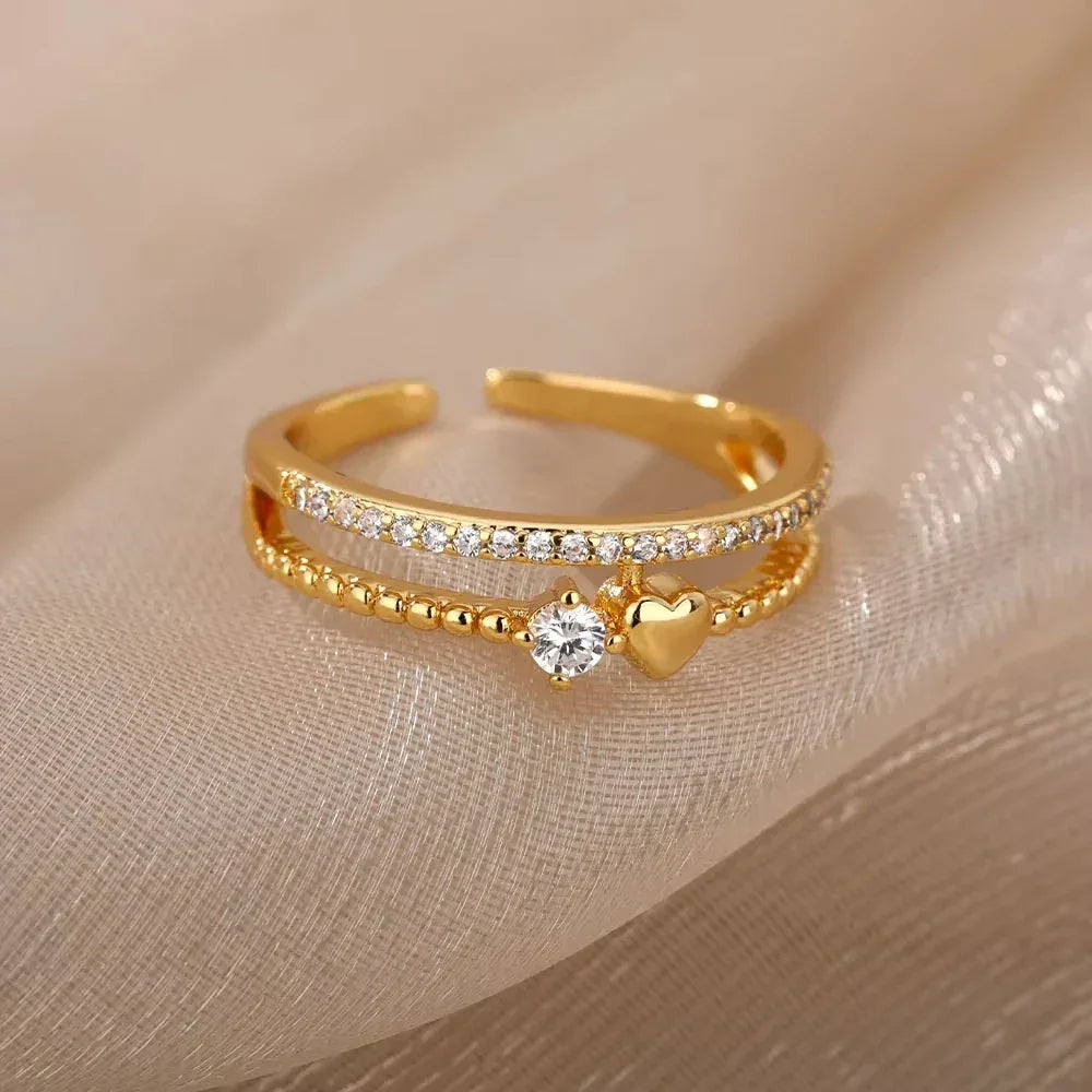 Zircon Cristal Geometric Stainless Steel Gold Color Adjustable Finger Ring - Palm and Thread
