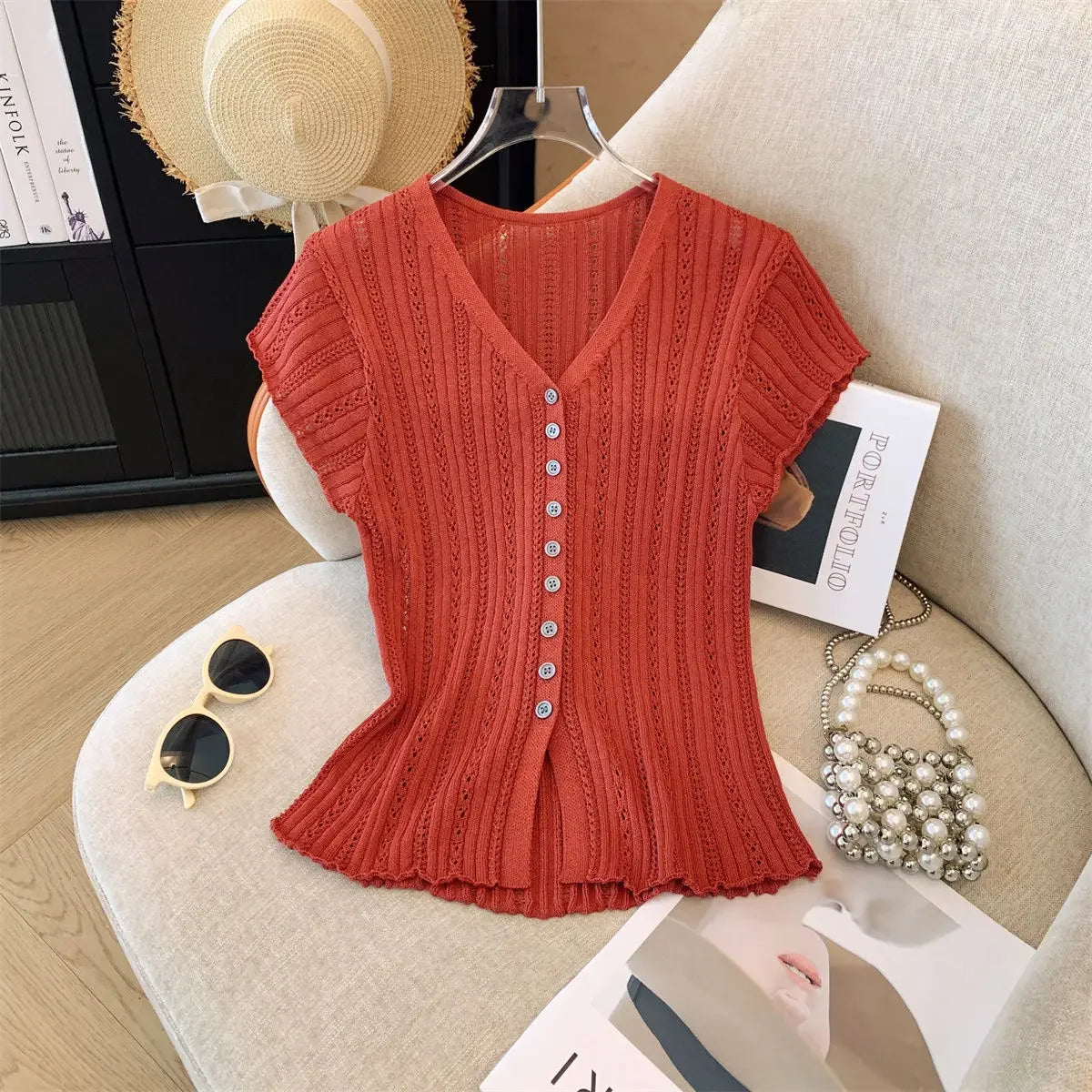 V-neck Cut-out Knitted Cardigan - Palm and Thread