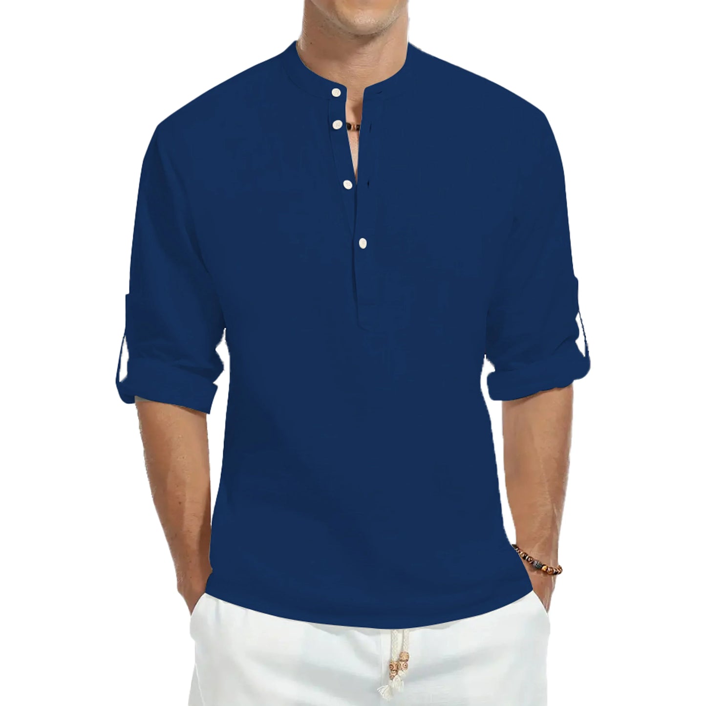 Loose cotton fashionable stand-up collar solid color long-sleeved T-shirt