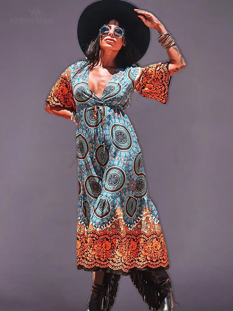 Bohemian Printed Loose Beach Dress - Palm and Thread