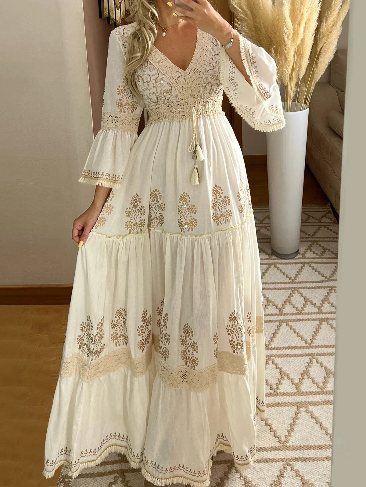 Floral Print Lace V-Neck Long Sleeve Dress - Palm and Thread