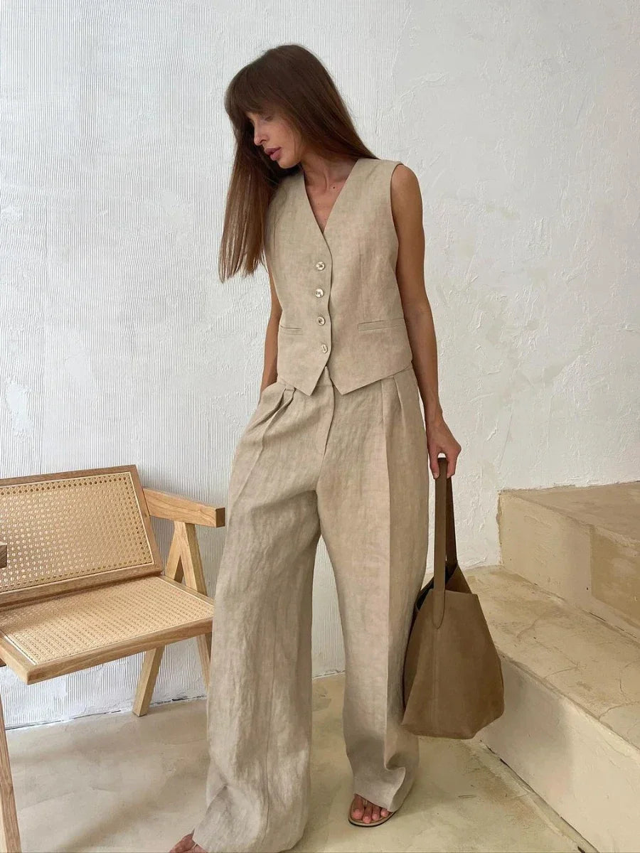 Linen Cotton Chic Vest & Pants Suit Two-Piece Set - Palm and Thread