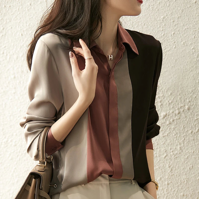 Satin Button New Vintage Long Sleeve Polo Collar Blouse