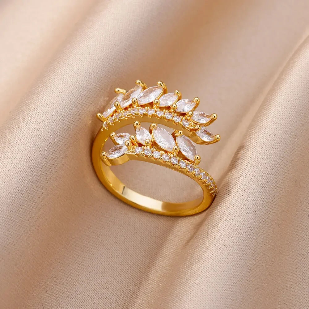 White Zircon Flower Leaf Shape Stainless Steel Ring - Palm and Thread