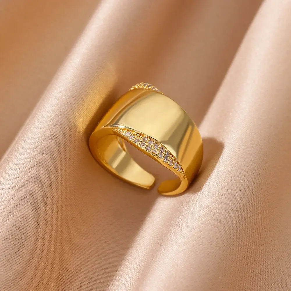 Zircon Cristal Geometric Stainless Steel Gold Color Adjustable Finger Ring - Palm and Thread