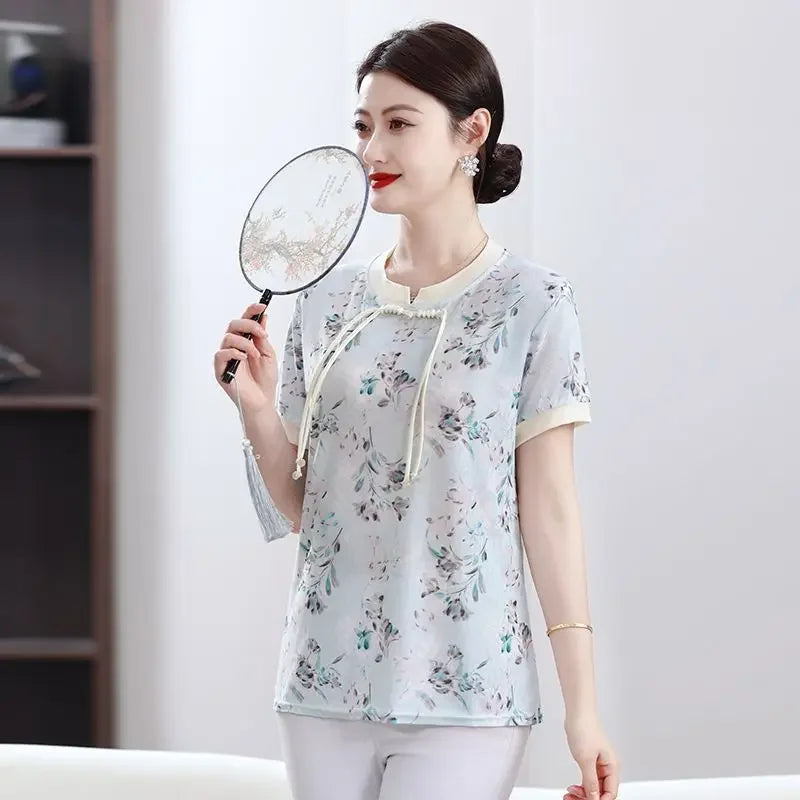 New Short Sleeve Loose Top Elegant National Style - Palm and Thread