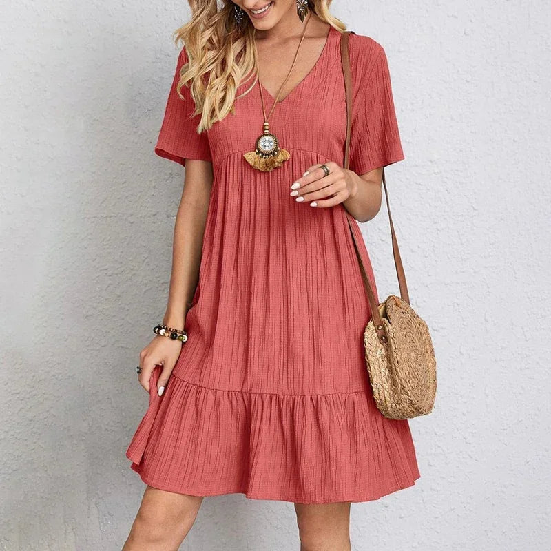 Loose V-neck Short Sleeved Pleated Dress - Palm and Thread