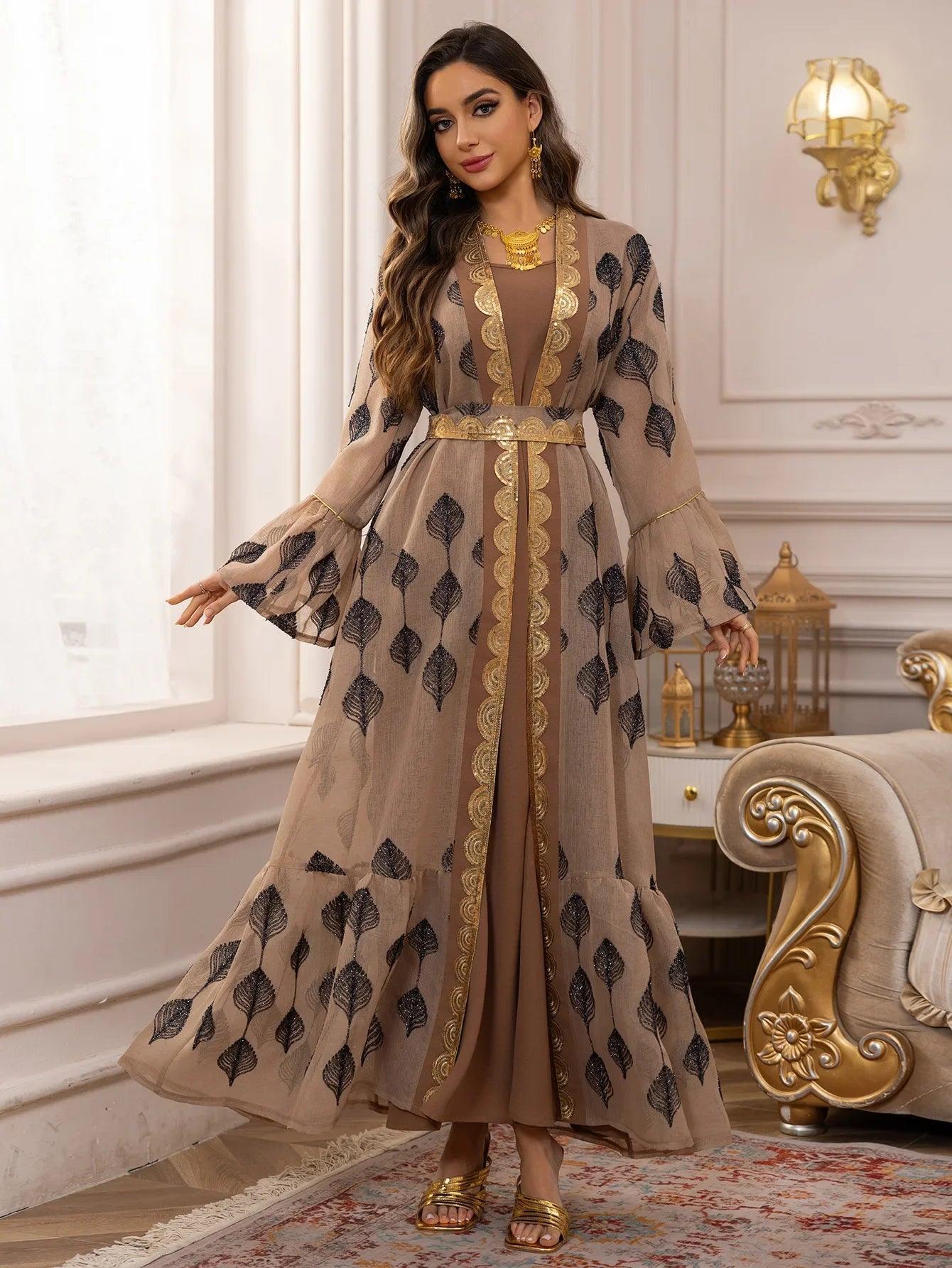 Abaya 2 Piece Set Mesh Embroidery Kaftan Vestidos Largos - Palm and Thread