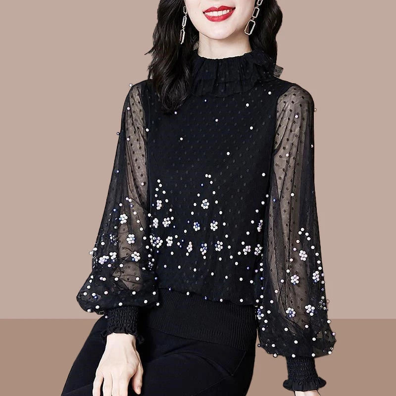Mesh Patchwork Beaded T-Shirt Top - Palm and Thread