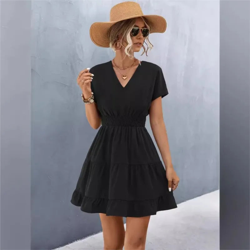 Elegant V-Neck Ruffle A-Line Dress