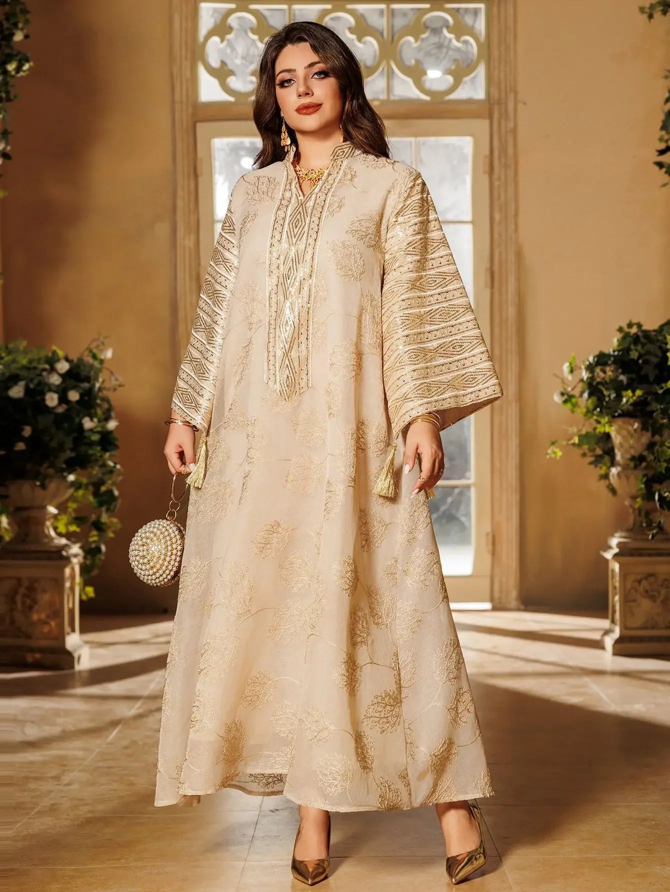 Embroidered Abaya with Gold Detailing Ideal for Formal Occasions - Palm and Thread