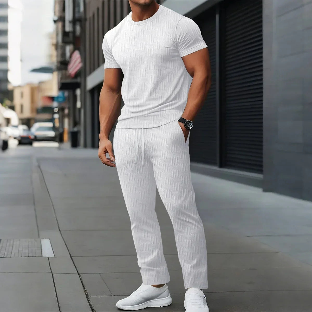 Round-Neck T-Shirt+Jacquard Pants Set - Palm and Thread