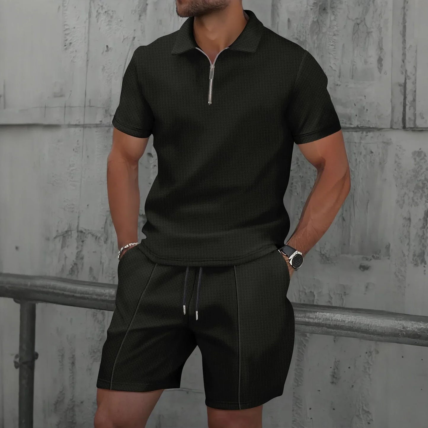Waffle zip-up lapel short-sleeve suit shorts set - Palm and Thread