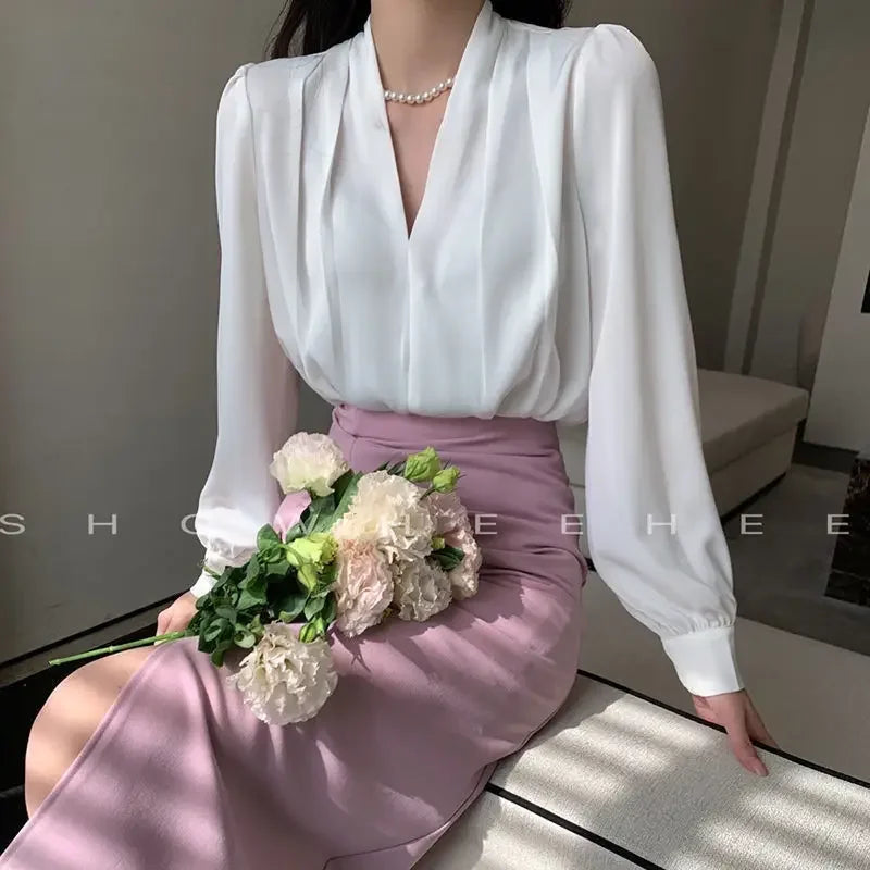Long Sleeve V Neck Solid Chiffon Top - Palm and Thread