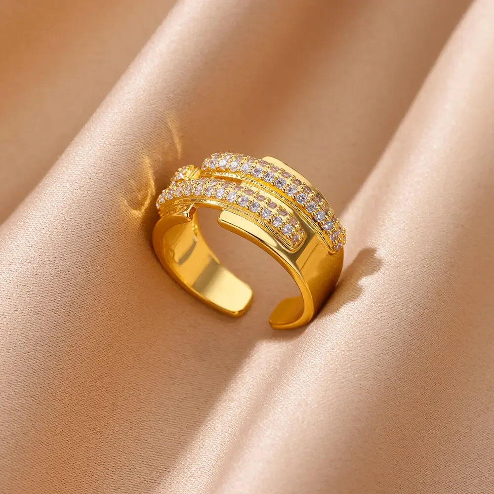 Zircon Cristal Geometric Stainless Steel Gold Color Adjustable Finger Ring - Palm and Thread