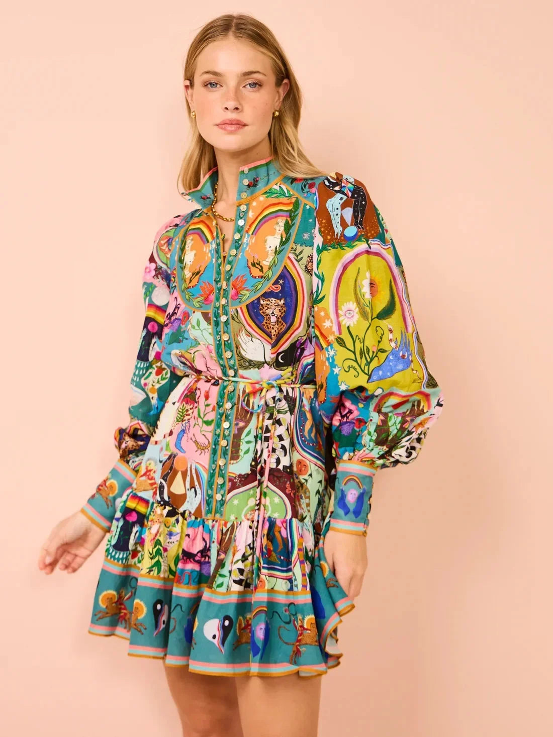 printed round neck cinched waist dress - Palm and Thread