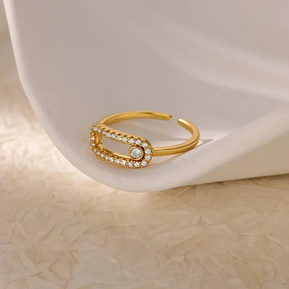 Zircon Heart Stainless Steel Gold Color Geometric Open Finger Ring - Palm and Thread