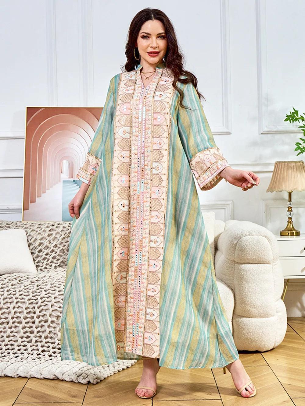 Abaya Sequins Embroidery Moroccan Kaftan Robe - Palm and Thread