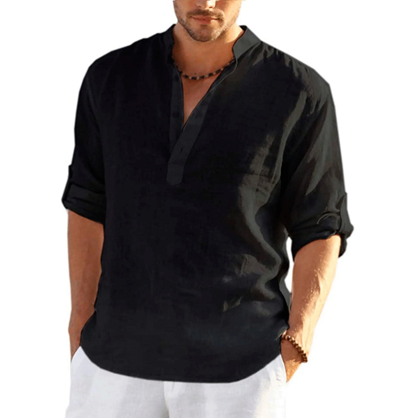 Loose cotton fashionable stand-up collar solid color long-sleeved T-shirt