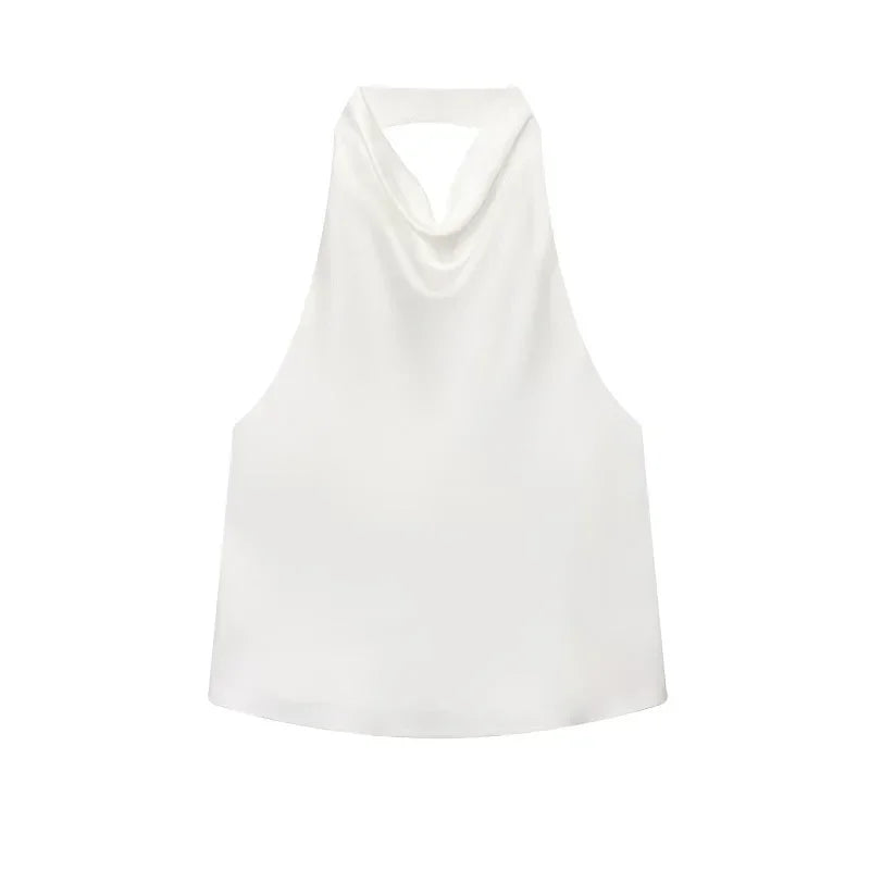 Halter Black Satin Backless Top - Palm and Thread