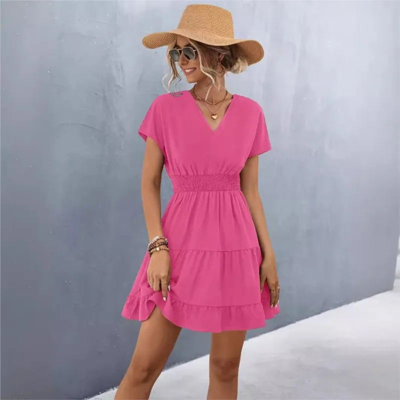 Elegant V-Neck Ruffle A-Line Dress