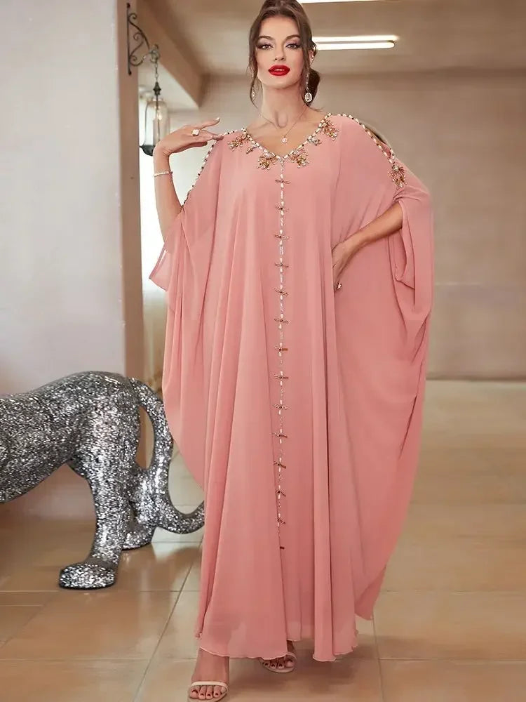 Off Shoulder Pink Diamond Beads Abaya - Palm and Thread