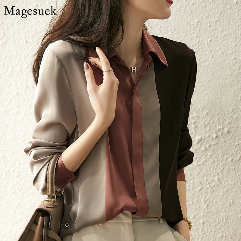 Satin Button New Vintage Long Sleeve Polo Collar Blouse
