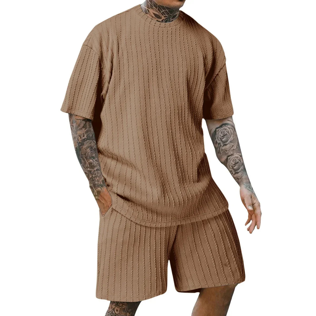 crew-neck vertical stripe T-shirt shorts short-sleeved suit