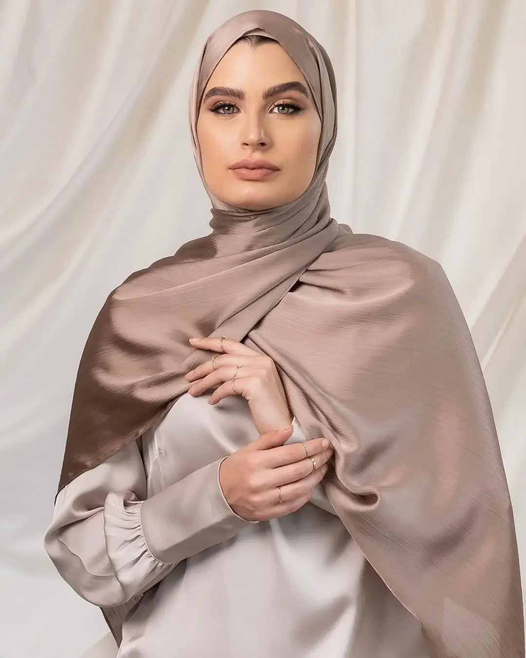 Long Trendy Silk Crepe Satin Crinkle Hijab Headscarf - Palm and Thread