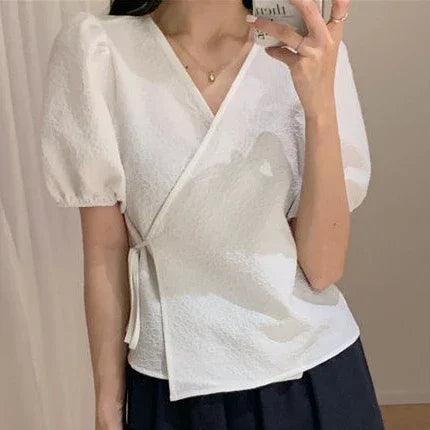 Style Puff Sleeve Leisure Lace-up All-match Vintage Elegant Top - Palm and Thread