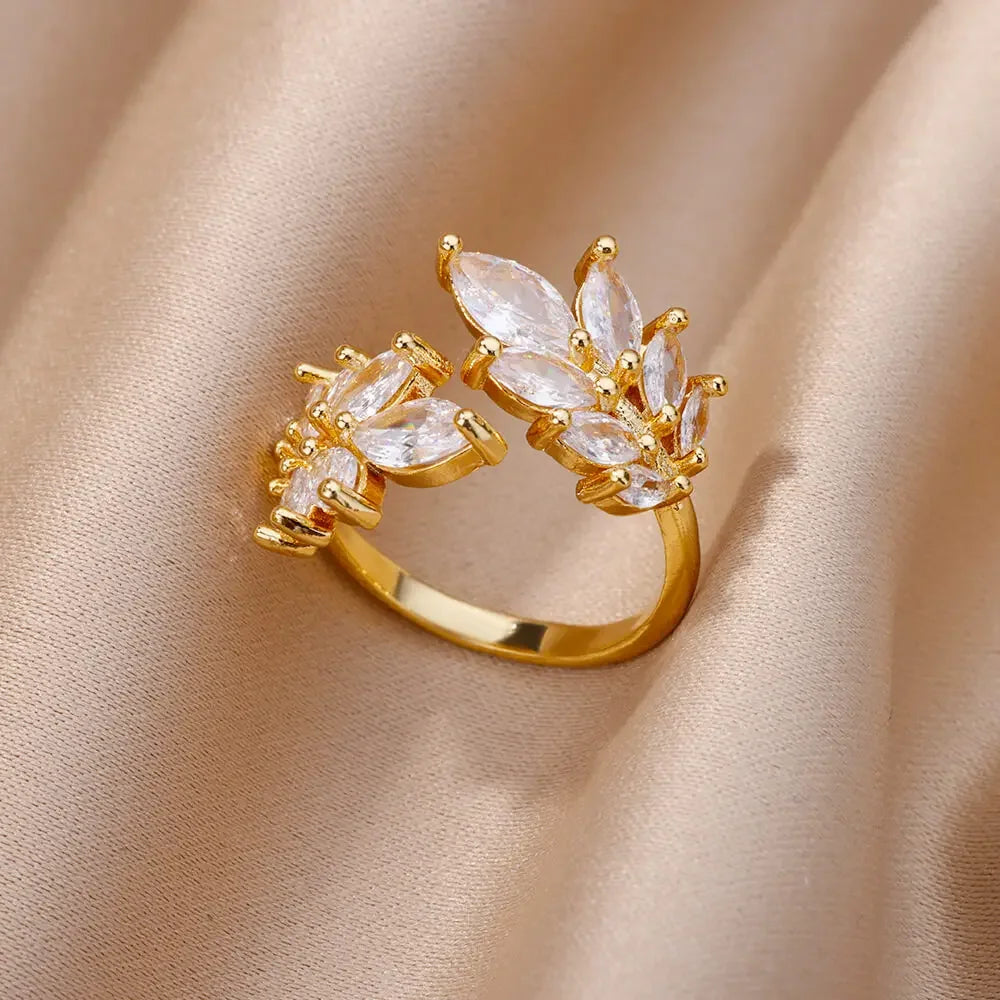 White Zircon Flower Leaf Shape Stainless Steel Ring - Palm and Thread
