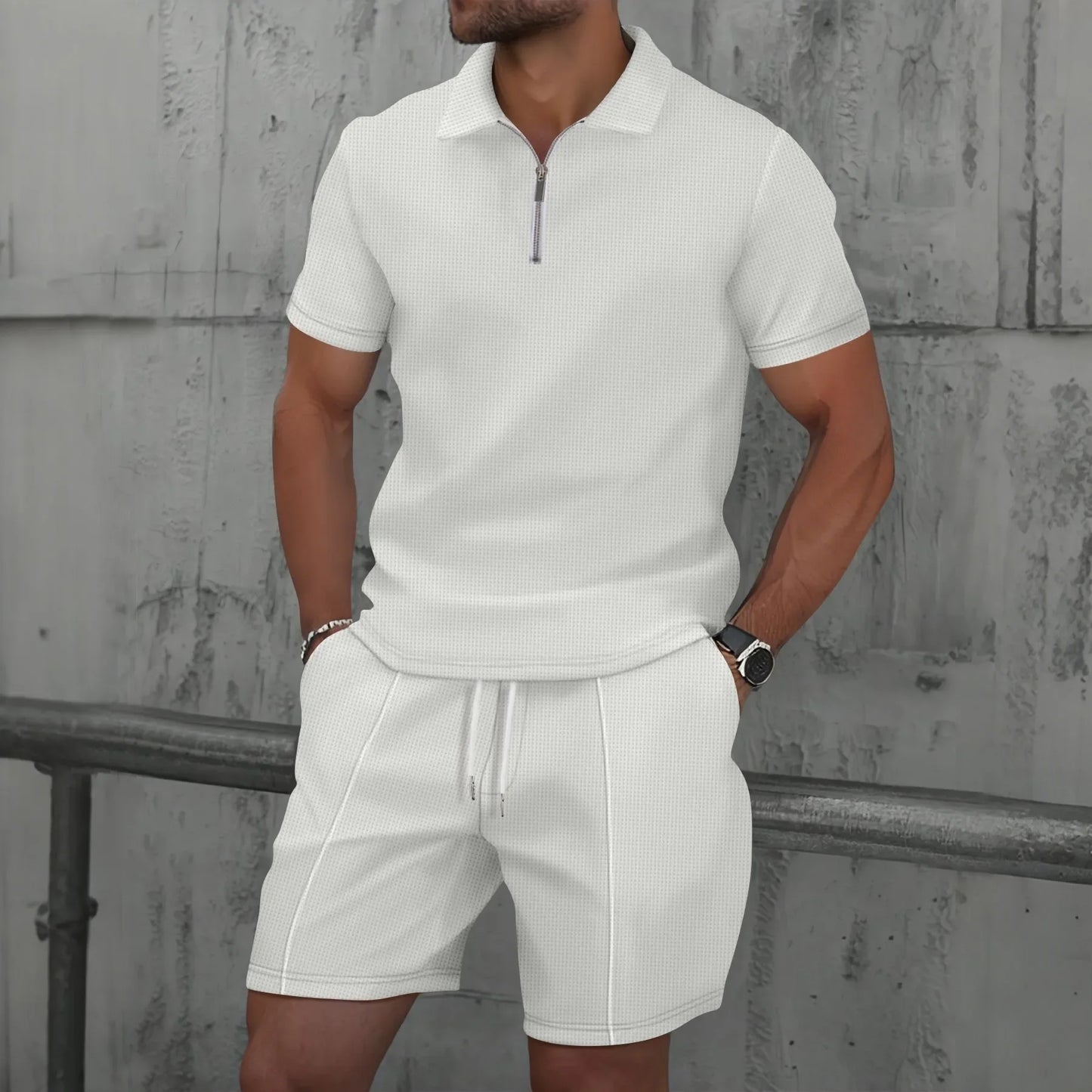 Waffle zip-up lapel short-sleeve suit shorts set - Palm and Thread