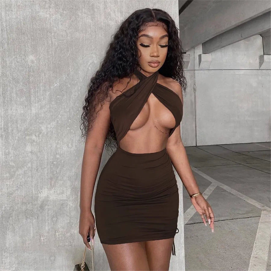 Sexy Brown Cross Halter Cut-Out Mini Dress