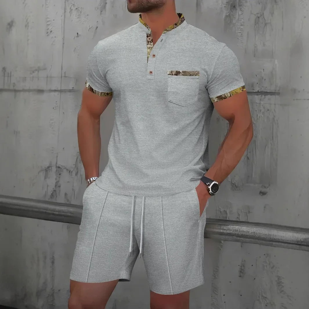 Waffle zip-up lapel short-sleeve suit shorts set - Palm and Thread