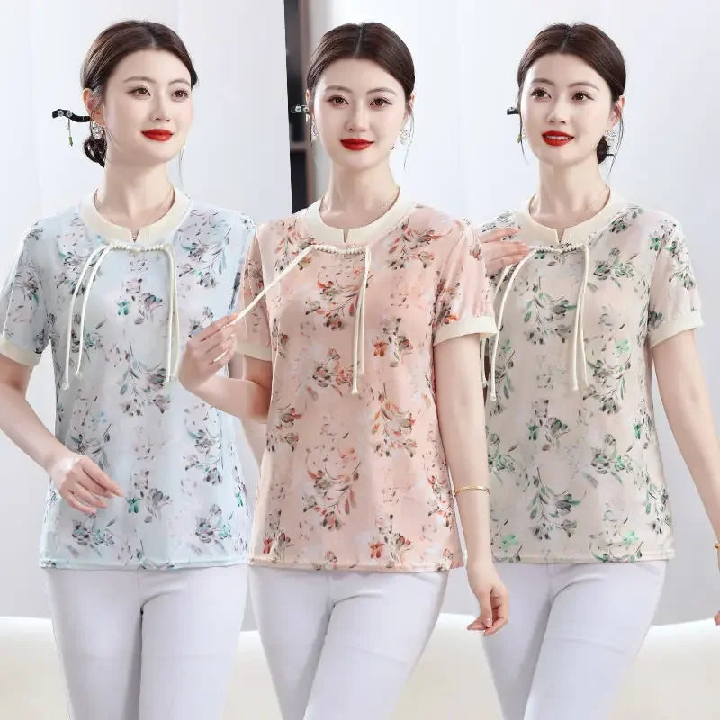 New Short Sleeve Loose Top Elegant National Style - Palm and Thread