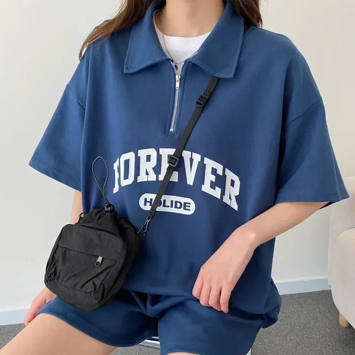 Cotton Ease Zip-Up Polo Shorts Set