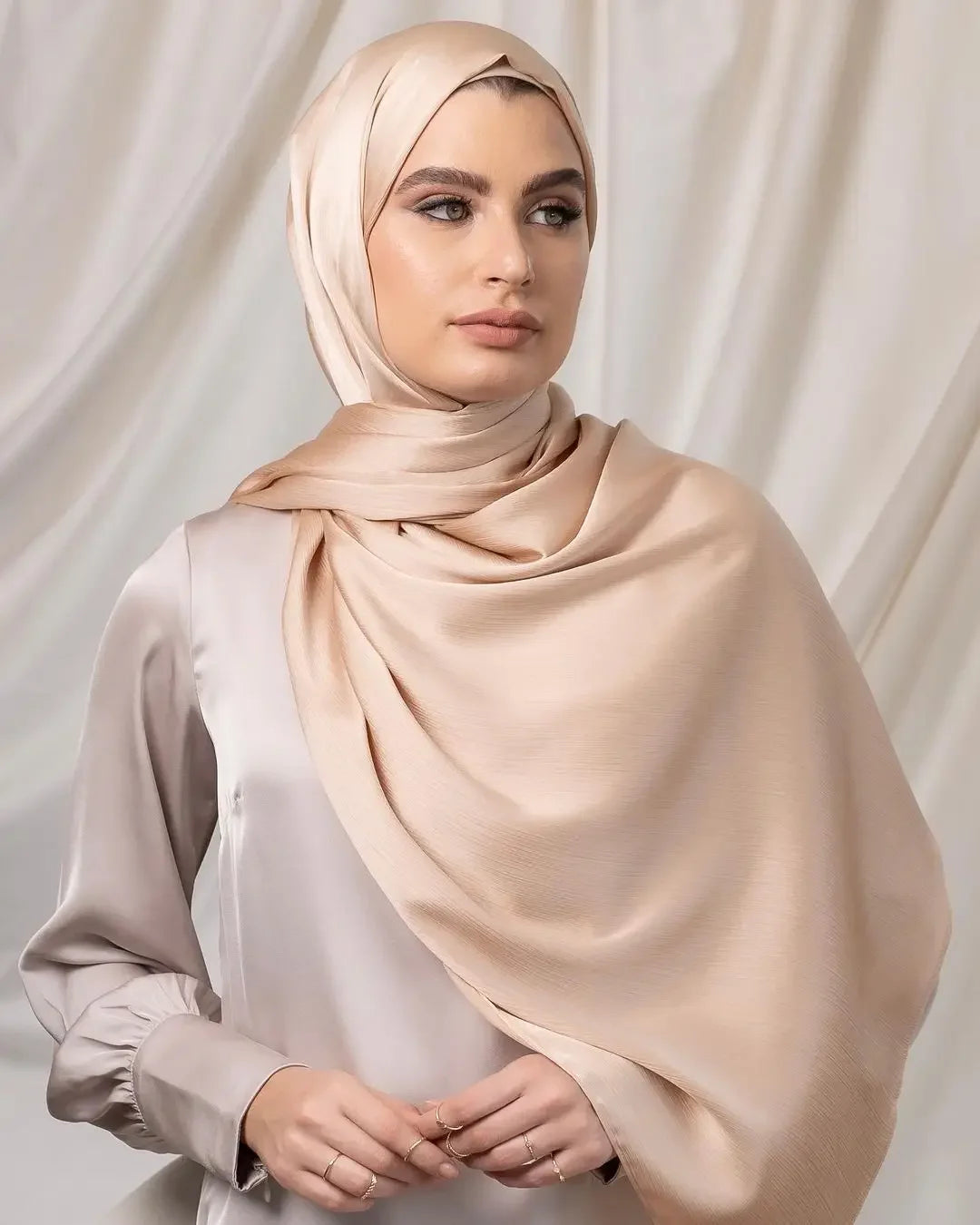 Long Trendy Silk Crepe Satin Crinkle Hijab Headscarf - Palm and Thread