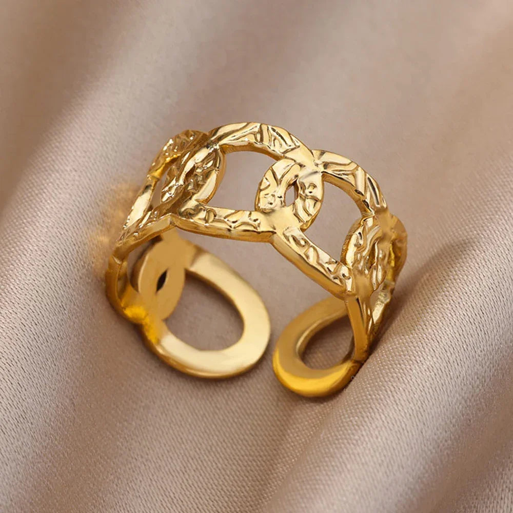 Stainless Steel Gold Color Open Gothic Ring - Palm and Thread