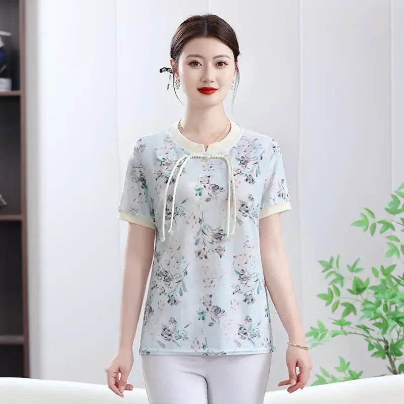New Short Sleeve Loose Top Elegant National Style - Palm and Thread