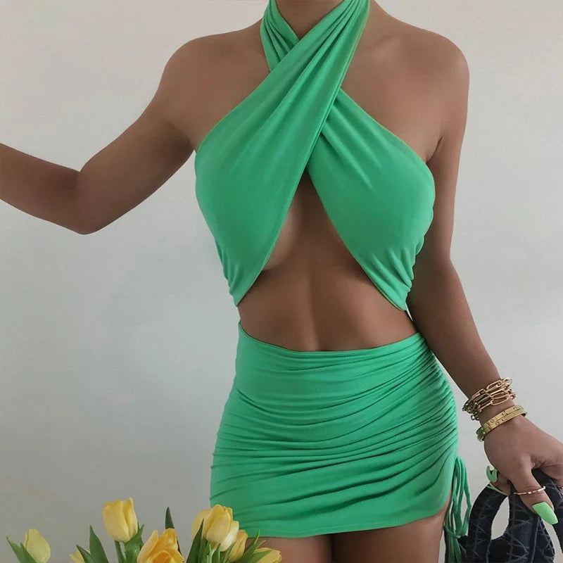 Sexy Brown Cross Halter Cut-Out Mini Dress