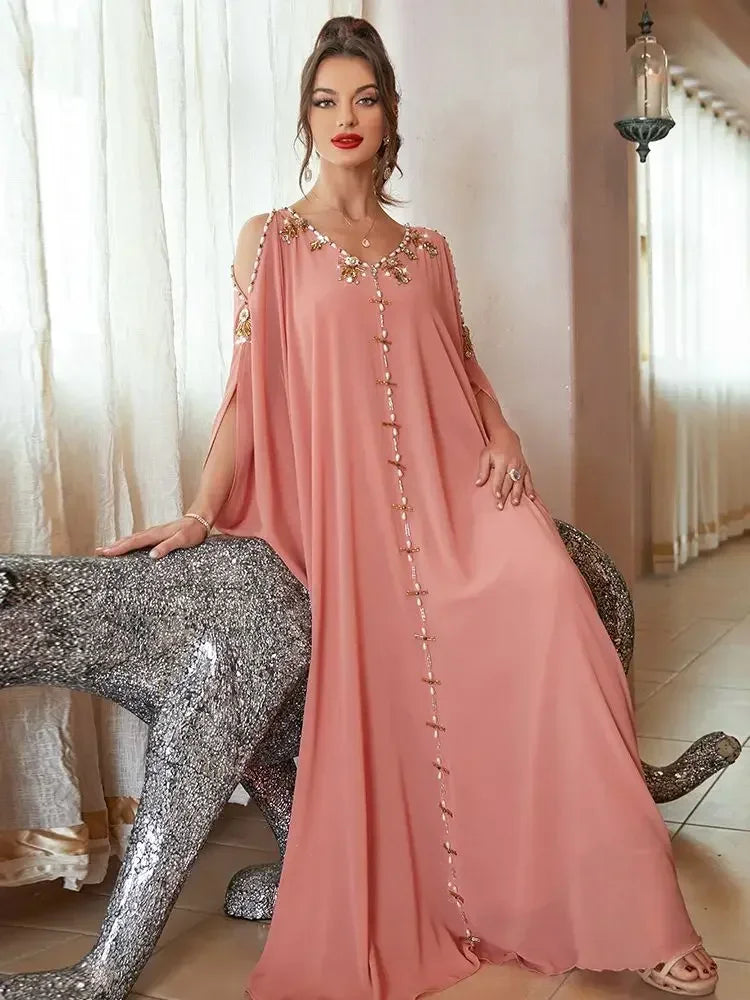 Off Shoulder Pink Diamond Beads Abaya - Palm and Thread